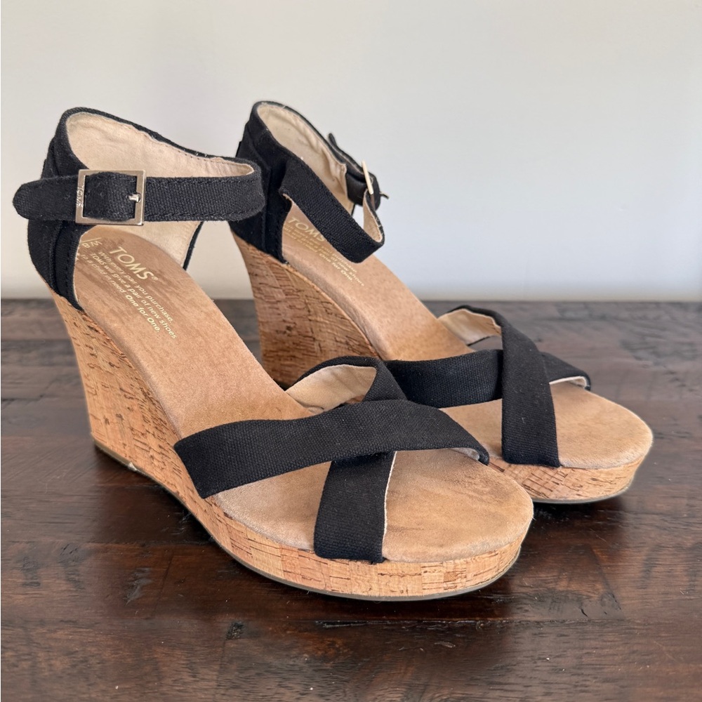 TOMS Sienna Black Platform Cork Wedge Heel Sandals Size 8